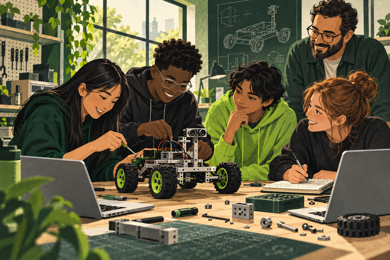 Illustration of students collaborating on a robot in an engineering makerspace